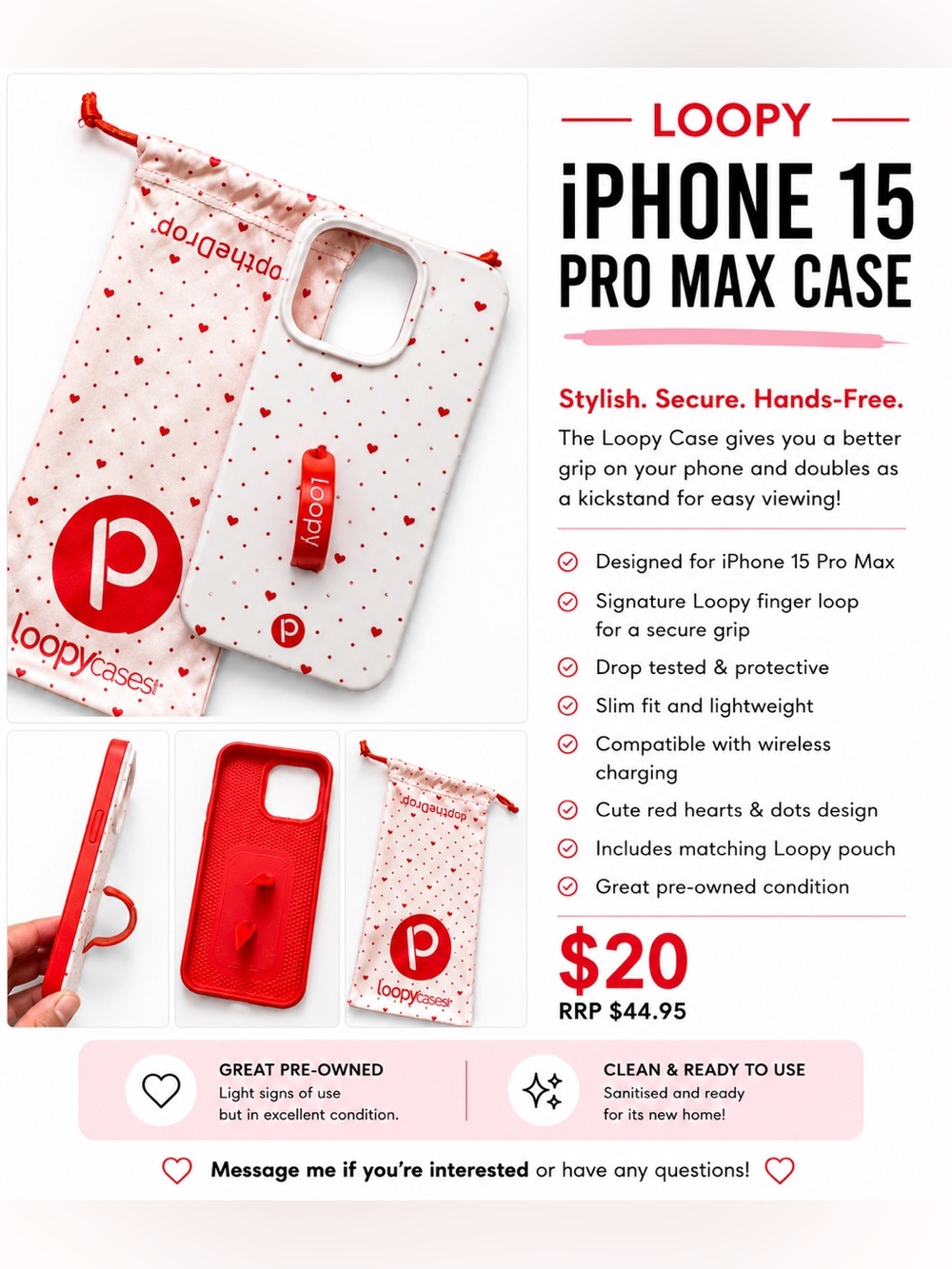 Loopy Case Pink Phone Case with Red Hearts and Red Loop iPhone 15 Pro Max